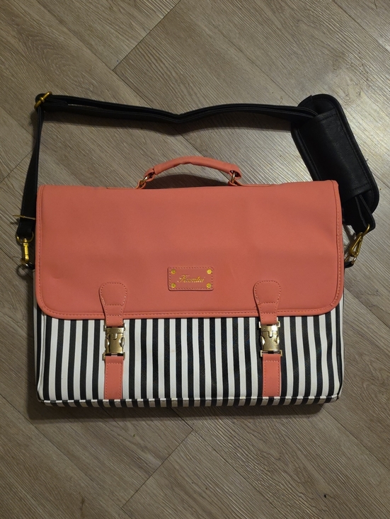 Ella Handbags - Ella Coral and Black-White Stripe Laptop Messenger Bag